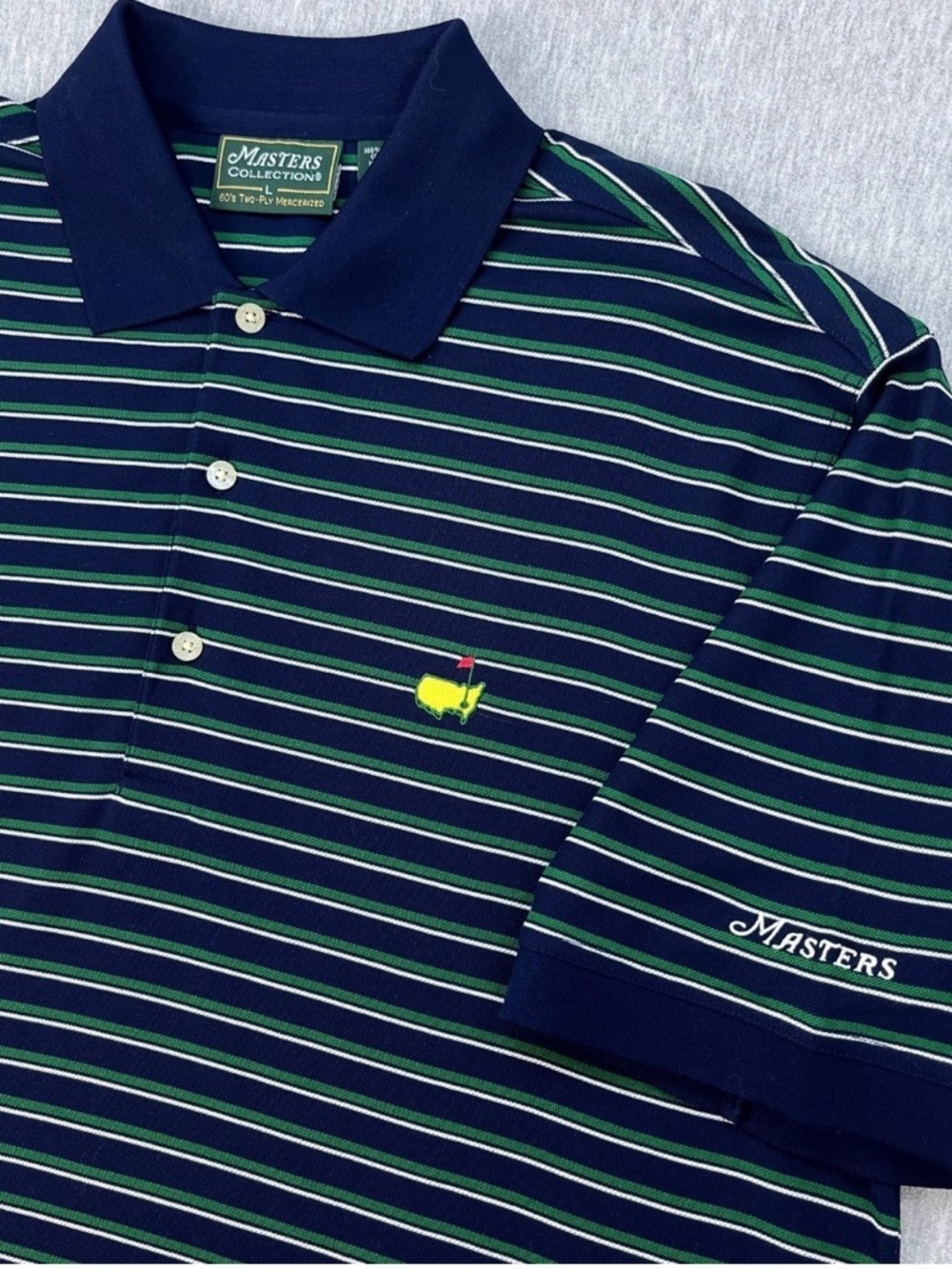 Masters Collection Mercerized Polo Shirt Green Blue Striped Logo Golf Mens L - Picture 5 of 9